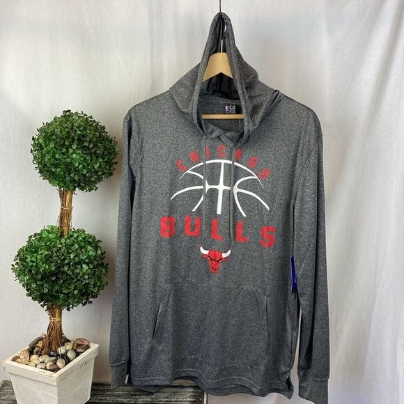 Chicago Bulls NBA Gray & Black Logo Print Hoody Long Sleeve Tee T Shirt NEW M - Picture 1 of 4